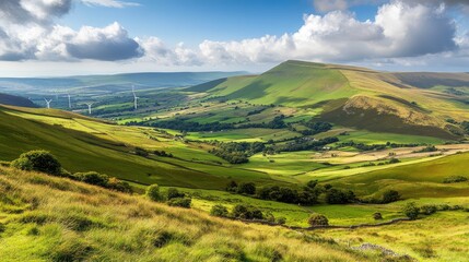 Obraz premium A landscape of a wind farm on a bright, sunny day with green fields and space for text above