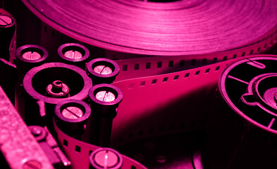 cinematic background with vintage 35mm movie camera tape with free space for text