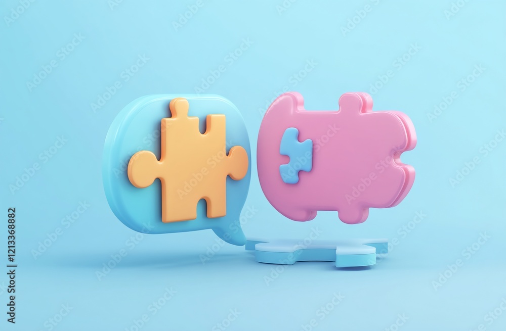 Poster 3d render of puzzle pieces in speech bubbles, symbolizing connection and communication.