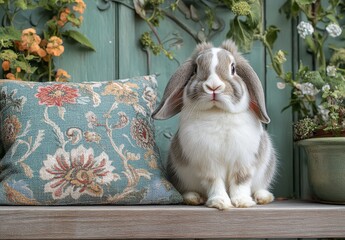 Cute fluffy white and grey lop-eared rabbit sitting on a wooden table, close-up portrait with a green garden background.
