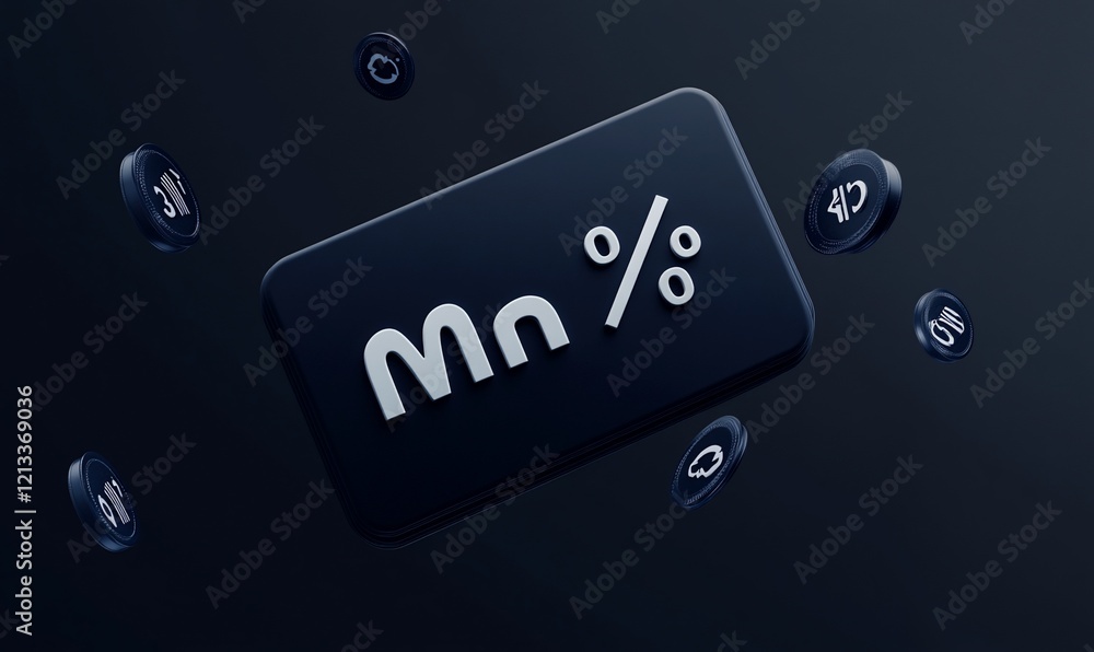 Poster dark 3d render of a percentage discount symbol with floating coins.