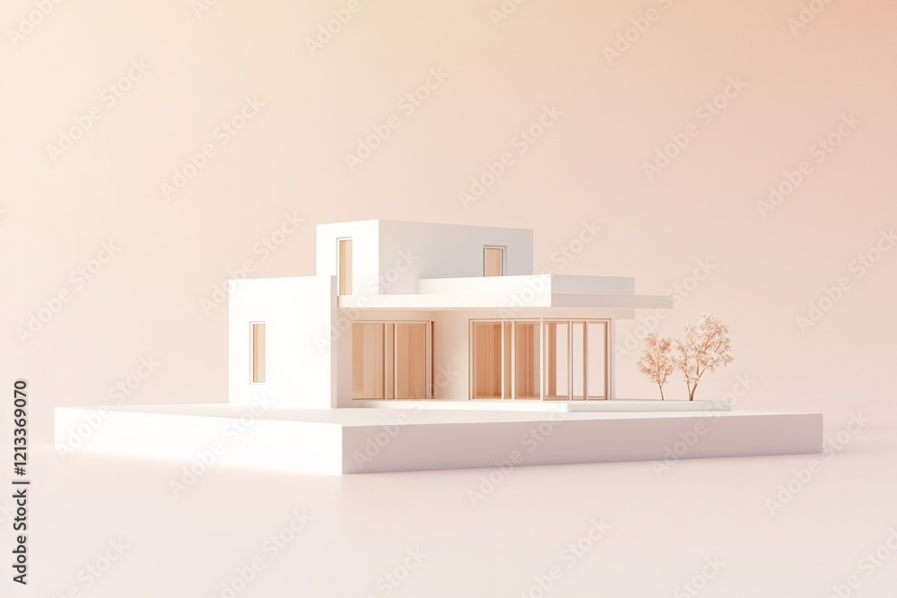 Poster minimalist white house model rendering with a small tree.