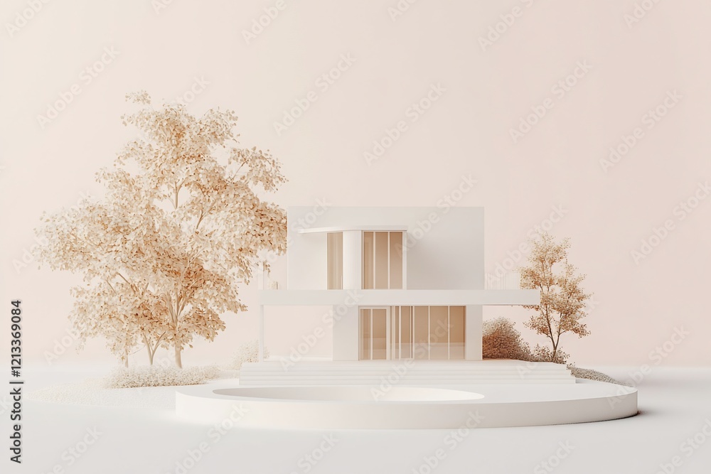 Poster minimalist modern house architectural rendering with trees.