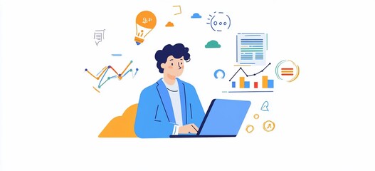 Man working on laptop with data visualization.