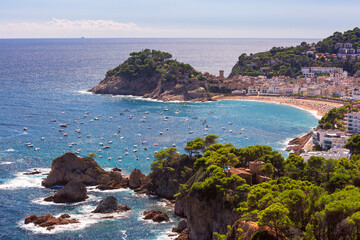 Panoramic view of the coastline and bay of Tossa de Mar, Spain,