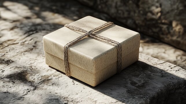 Minimal gift box tied with twine on stone background