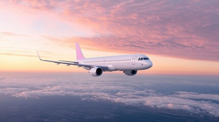 Obraz premium Airplane flying above clouds at sunset, travel, freedom