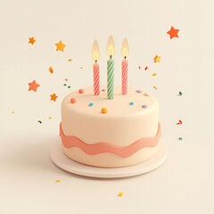 Three candles on a round birthday cake with sprinkles and stars.
