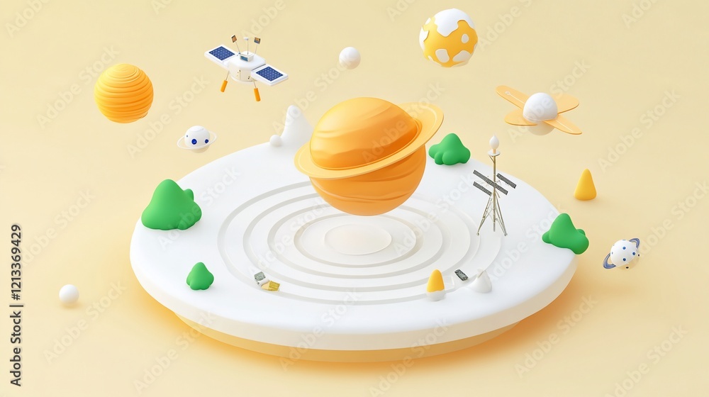 Poster 3d render of a stylized planetary system with satellite, planets, and spacecraft on a circular platf