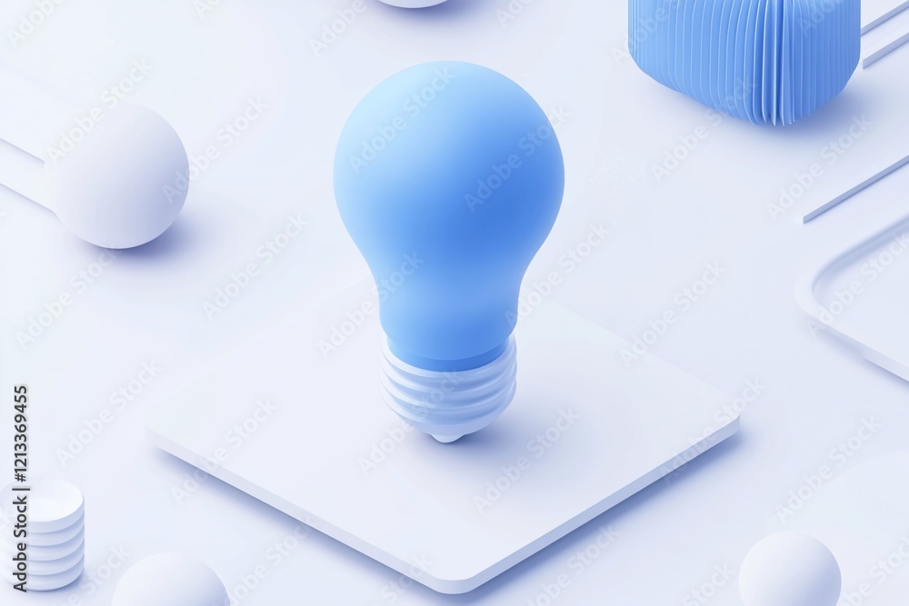 Poster lightbulb idea concept on white platform with abstract shapes.