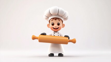 Happy cartoon chef boy holding large rolling pin.