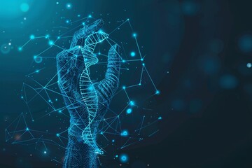 A digital hand holding a DNA strand with a digital network background.