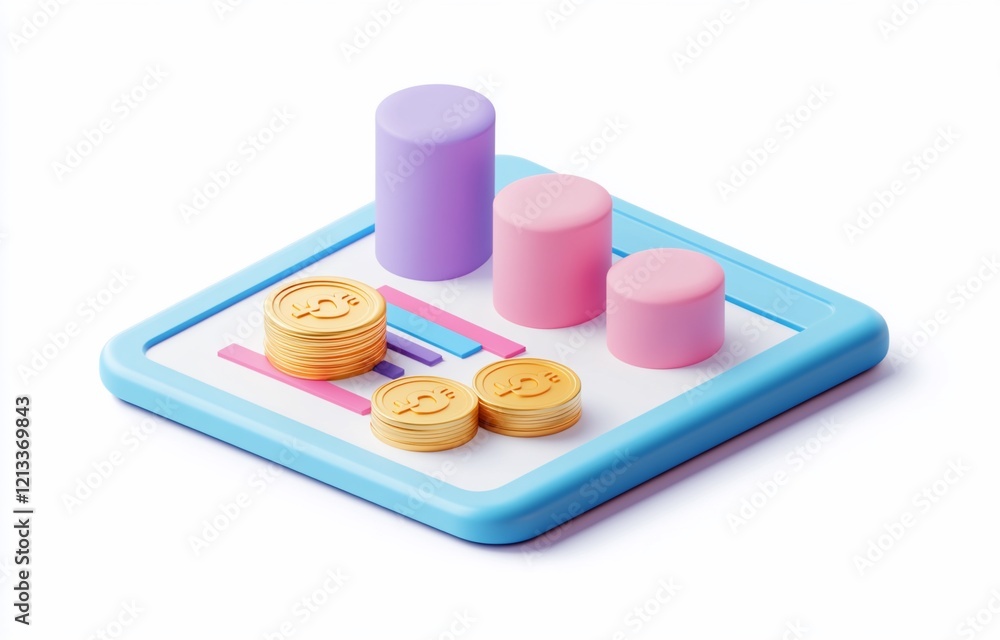 Poster 3d rendering of colorful bar graph with coins, showing financial growth.