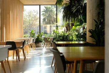 Obraz premium Sunny cafe interior, plants, city view, tables, chairs