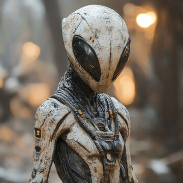 Weathered Alien Robot Stands In A Desolate Landscape