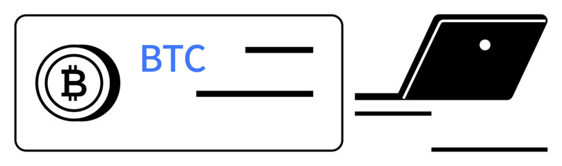 Bitcoin coin and BTC text next to stylized laptop. Ideal for cryptocurrency, blockchain, digital finance, online trades, virtual currency, fintech innovations, investment strategies. Abstract line