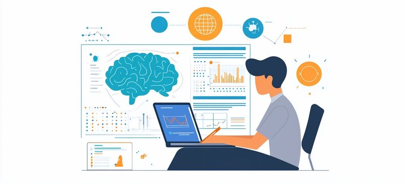 Person analyzing data on laptop, brain and charts on screen.