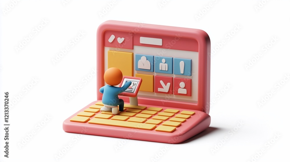 Poster 3d render of person using laptop interface.