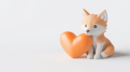 Obraz premium Cute 3D rendering of a fox cub sitting next to an orange heart.