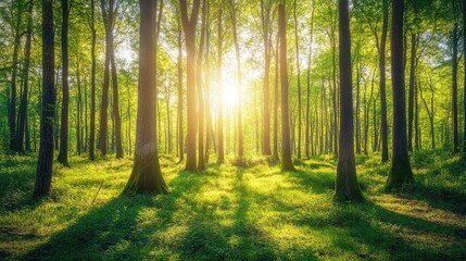 Fototapeta premium A pristine forest with lush green trees, untouched nature stretching into the horizon, with plenty of room for copy space above