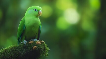 A vibrant green parrot perched on mossy branch