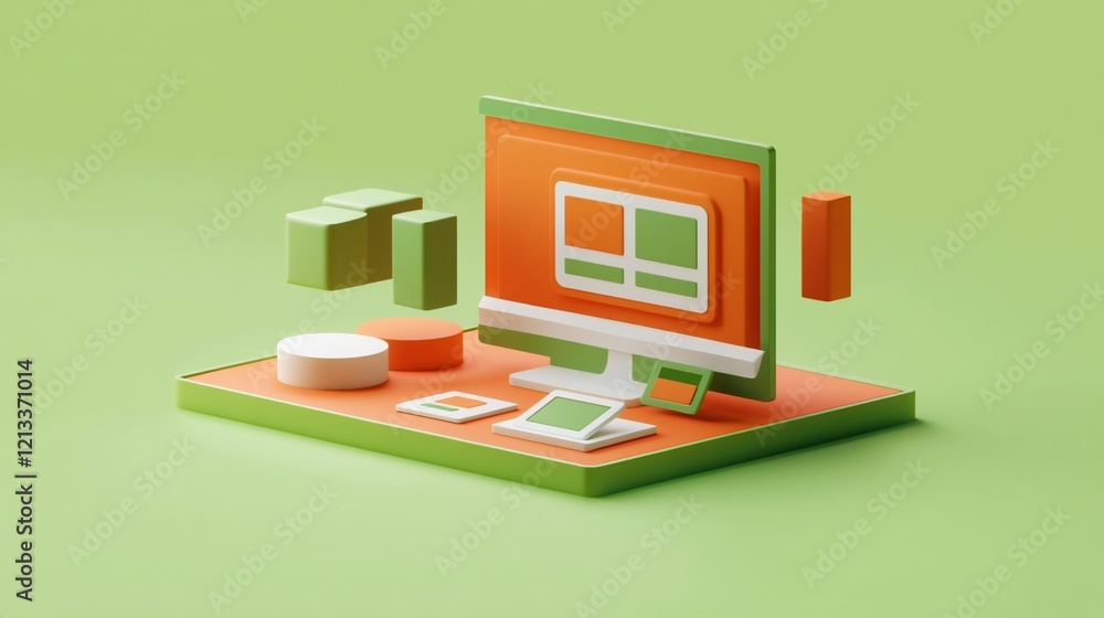 Poster isometric illustration of a computer screen with colorful geometric shapes.