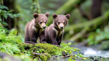 Obraz premium Two bear cubs in lush forest, near stream. Wildlife, nature photography for conservation