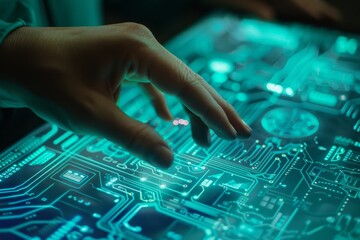 A hand hovers over a glowing digital screen, interacting with the data displayed.