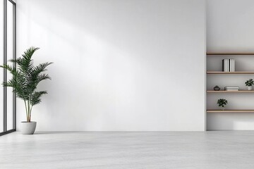 Minimalist room interior with large blank wall, potted plant, and shelves.