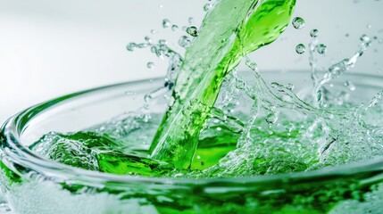 A stream of vibrant green dishwashing liquid mid-pour into a clear glass bowl, splashes and suds captured in motion, clean white backdrop