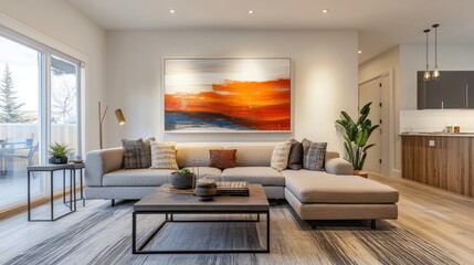 Fototapeta premium Modern sectional sofa in bright living room with kitchen view