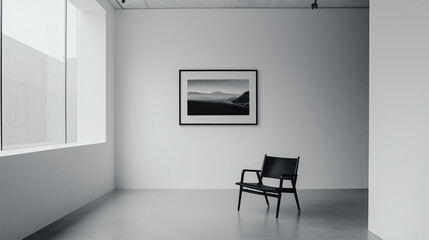 A clean, white wall with a single, black-framed mirror reflecting the room's simplicity.