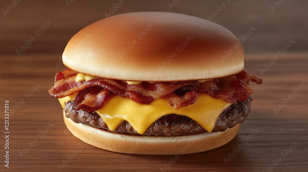 Poster a top-down view of a cheeseburger with crispy bacon and melted cheese stacked between fresh buns, pl