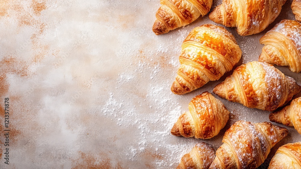Poster a top-down view of a croissant with flaky, buttery layers, placed on a clean background with space f