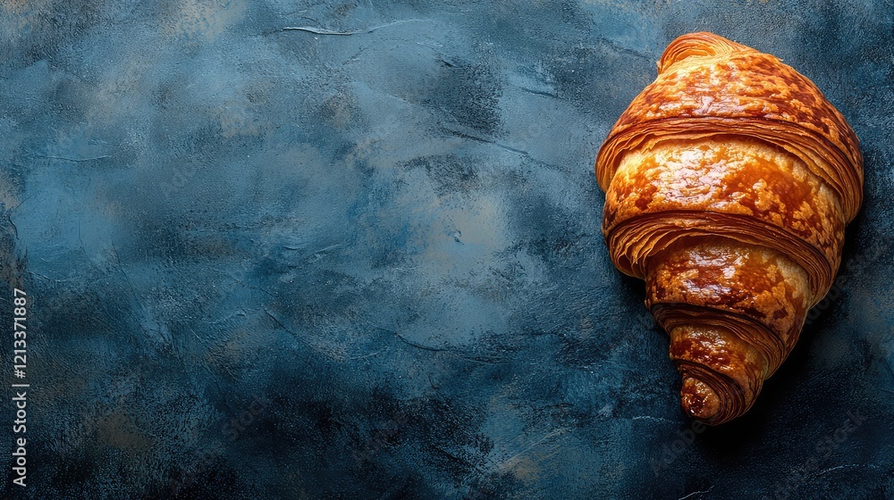Poster a top-down view of a croissant with flaky, buttery layers, placed on a clean background with space f