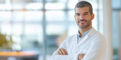 Fototapeta premium Portrait of a confident smiling businessman in a suit standing in an office