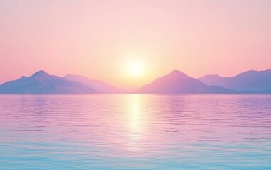 Fototapeta premium Serene pink sunrise over calm ocean and mountains.