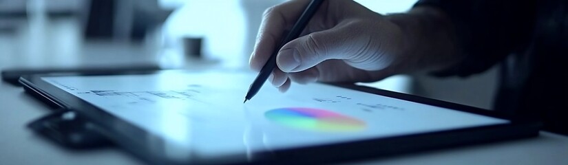 Close-up of hand using stylus on tablet displaying charts.