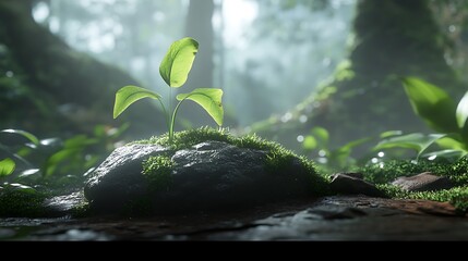 Naklejka premium A Small Sprout Emerging From Mossy Rock In Forest