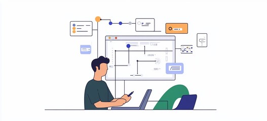 Person working on laptop with flowchart and data diagrams on screen.