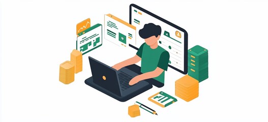 Obraz premium Person working on laptop with data charts and documents.