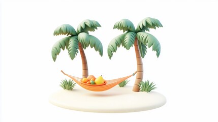 Obraz premium Hammock between palm trees on a tropical island with fruit.