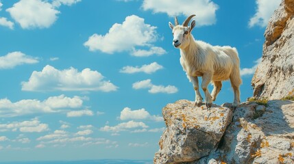 Obraz premium White mountain goat standing on a rock, against a bright blue sky. Ideal for themes of adventure, freedom, and wildlife.