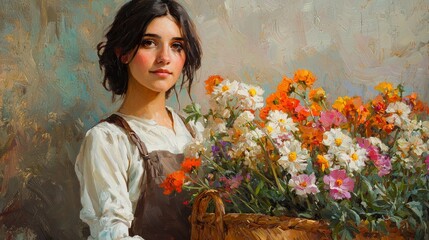 Young Woman Holding Basket of Colorful Flowers in Soft Light