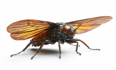 Close-up of a large insect with translucent, orange-brown wings and a dark body, isolated on a white background.