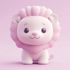 Fototapeta premium Cute pink cartoon lion cub sitting on pink background.