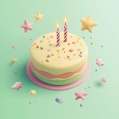 Two-layered pastel birthday cake with candles and sprinkles.