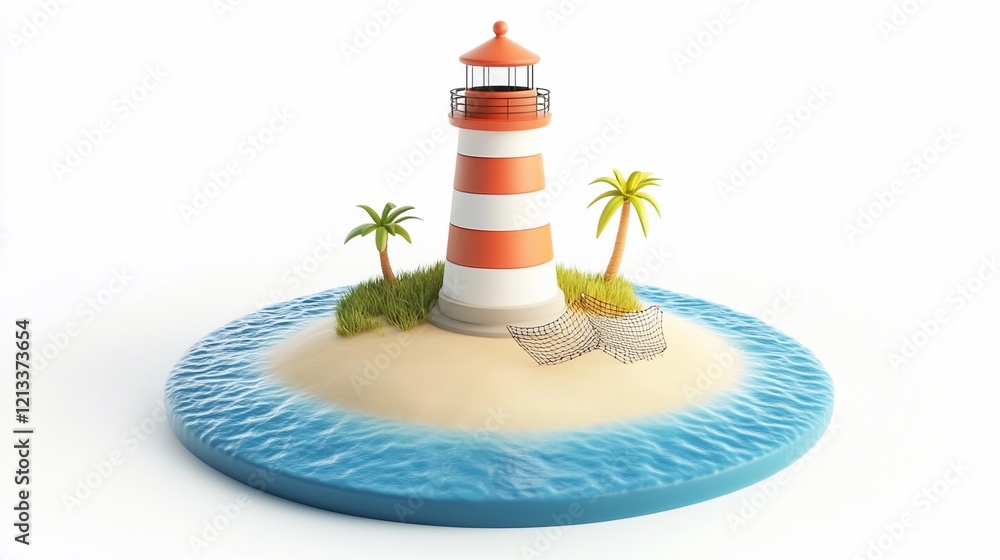 Poster cartoon lighthouse on a small island with palm trees and a broken net.