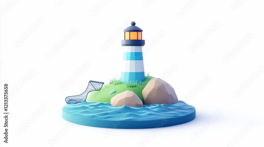 Poster low-poly 3d render of a lighthouse on a small island with a fishing net.