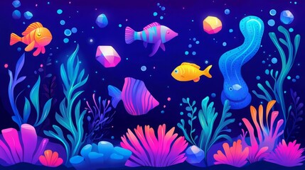 Vibrant underwater scene with colorful fish and glowing coral. A digital illustration.